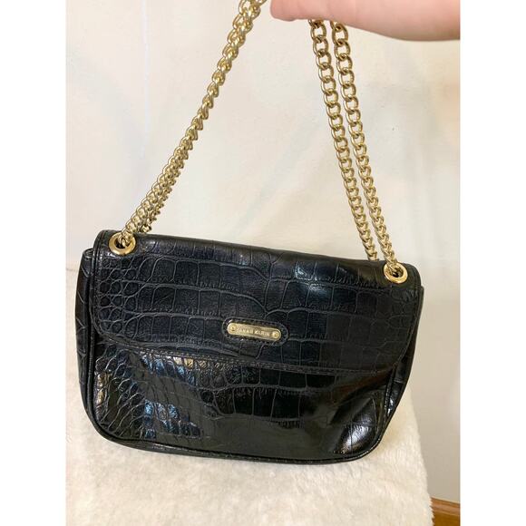 Anne Klein Black Faux Crocodile Skin Purse with Gold Chain Strap - Picture 8 of 10